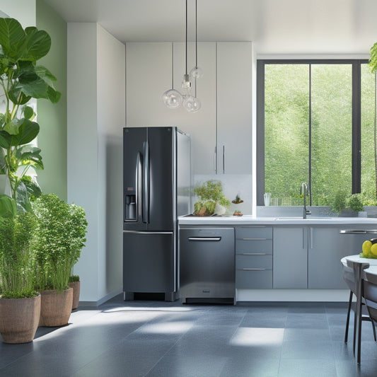 A sleek kitchen featuring energy-efficient appliances, including a stainless steel refrigerator, induction cooktop, and smart dishwasher, all harmonizing with natural light, green plants, and a minimalist design for a modern, eco-friendly home.