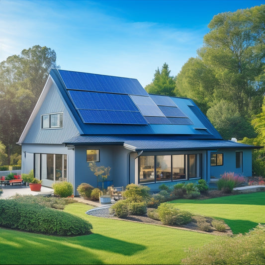 A serene suburban home with a sloping roof, adorned with a mix of rectangular and triangular solar panels in shades of dark blue and silver, amidst a lush green garden and a bright blue sky.