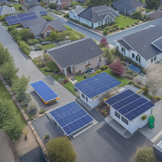 An aerial view of a suburban neighborhood with various rooftops showcasing different solar panel types: monocrystalline, polycrystalline, thin-film, and bifacial, with varying sizes, angles, and installation styles.