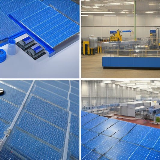 A split-screen image featuring a blueprints-covered desk on one side, with a miniature rooftop solar panel installation and a few scattered coins, and a factory production line with workers assembling PV panels on the other.