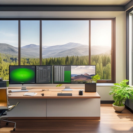 A sleek home office with dual monitors displaying colorful graphs of energy usage, a smart thermostat on the wall, energy-efficient appliances in the background, and a large window showcasing a bright, sunny day outside.