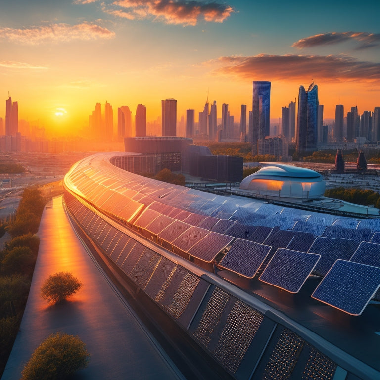 A futuristic cityscape at sunset with 10 sleek, modern solar panels in the foreground, each with a unique design, arranged in a curved line, with a subtle glow effect and soft shadows.