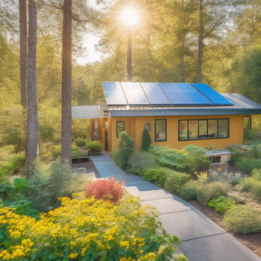 A vibrant eco-friendly home surrounded by lush greenery, solar panels gleaming on the roof, a vegetable garden flourishing in the backyard, and sunlight streaming through trees, highlighting a sustainable lifestyle.