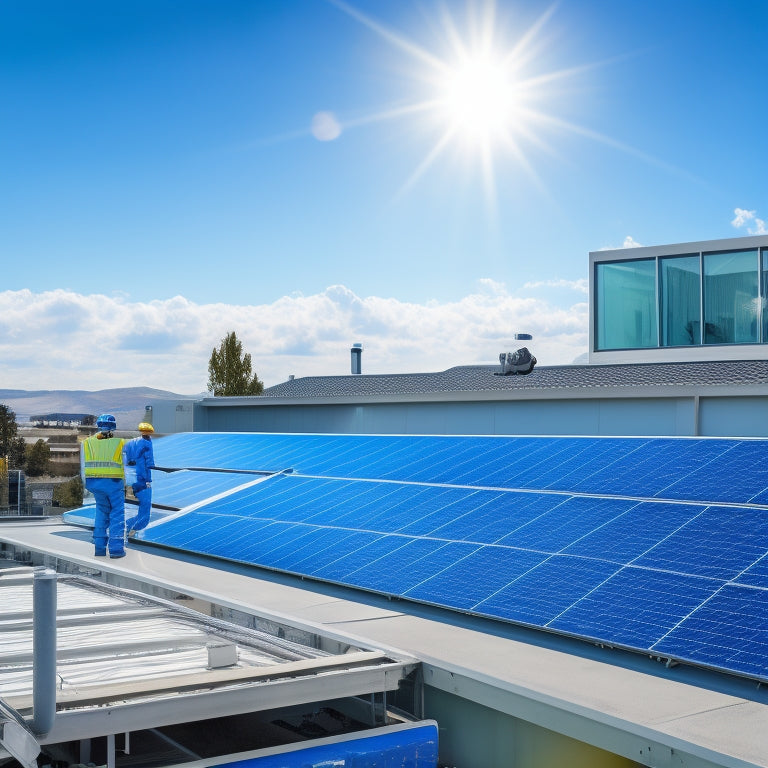 A modern commercial building with solar panels being installed on its roof, surrounded by clear blue skies, technicians working, and digital icons representing online tools and technology floating around the scene.