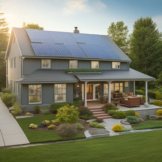 A serene suburban home with a mix of sunny and shaded rooftops, featuring a partially installed solar panel array, surrounded by scattered tools and measuring tapes.