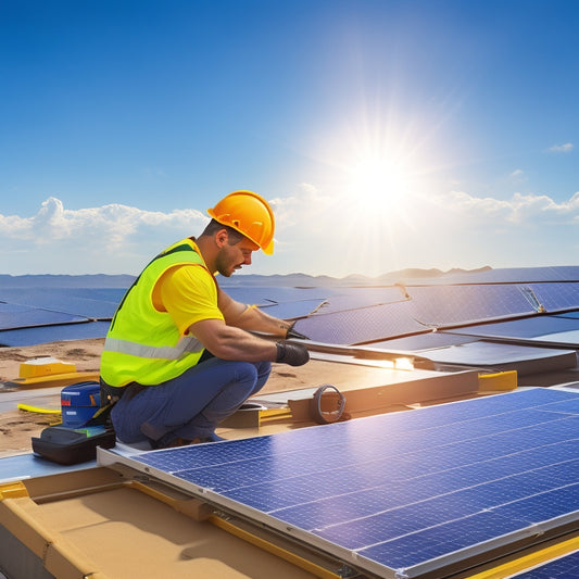 A photorealistic illustration of a person in a yellow hard hat and orange vest, inspecting a rooftop solar panel array, with a toolbox and cleaning supplies nearby, against a sunny blue sky.