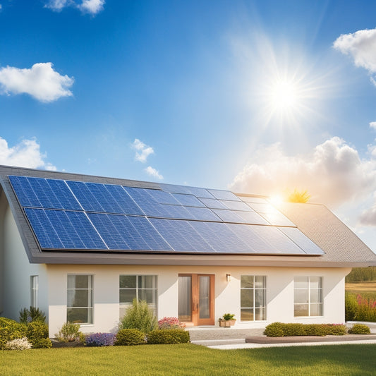 An illustration of a modern home with a bright blue sky and fluffy white clouds, featuring a smiling sun shining down, with solar panels installed on the roof in a staggered pattern.