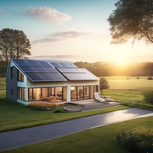 A serene landscape with a small, modern house, solar panels on the roof, and a subtle grid of lines and circles in the background, suggesting calculations and measurements.
