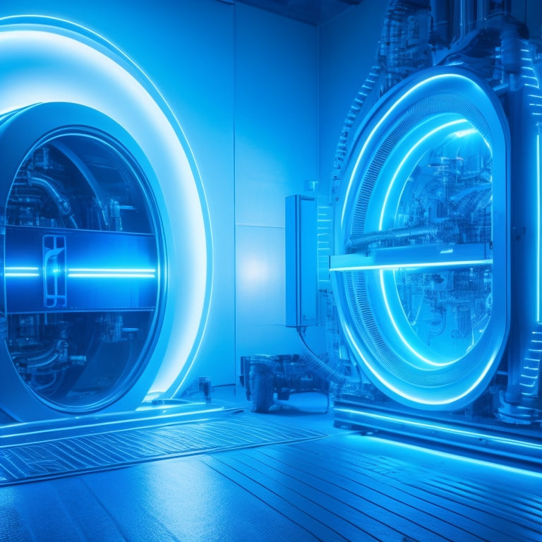 A futuristic factory scene with glowing blue lines and circuits on the walls, machinery with flashing screens, and a large, circular energy meter in the center, pulsing with a bright, electric blue light.