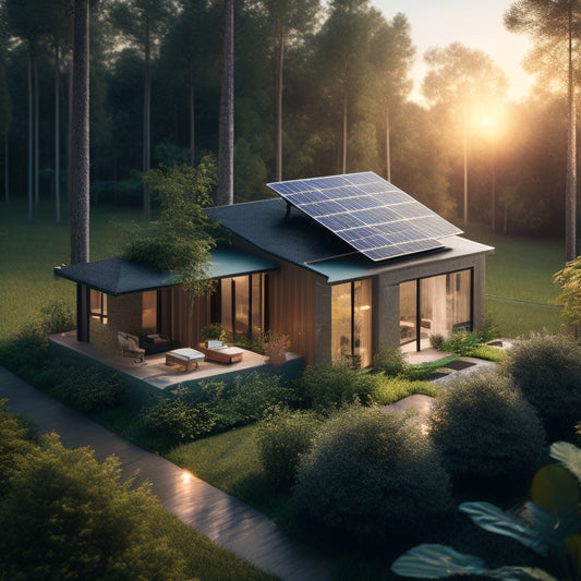 A serene, modern solar-powered home surrounded by lush greenery, with a subtle grid of solar panels on the roof, and a faint, glowing aura representing a reduced carbon footprint.