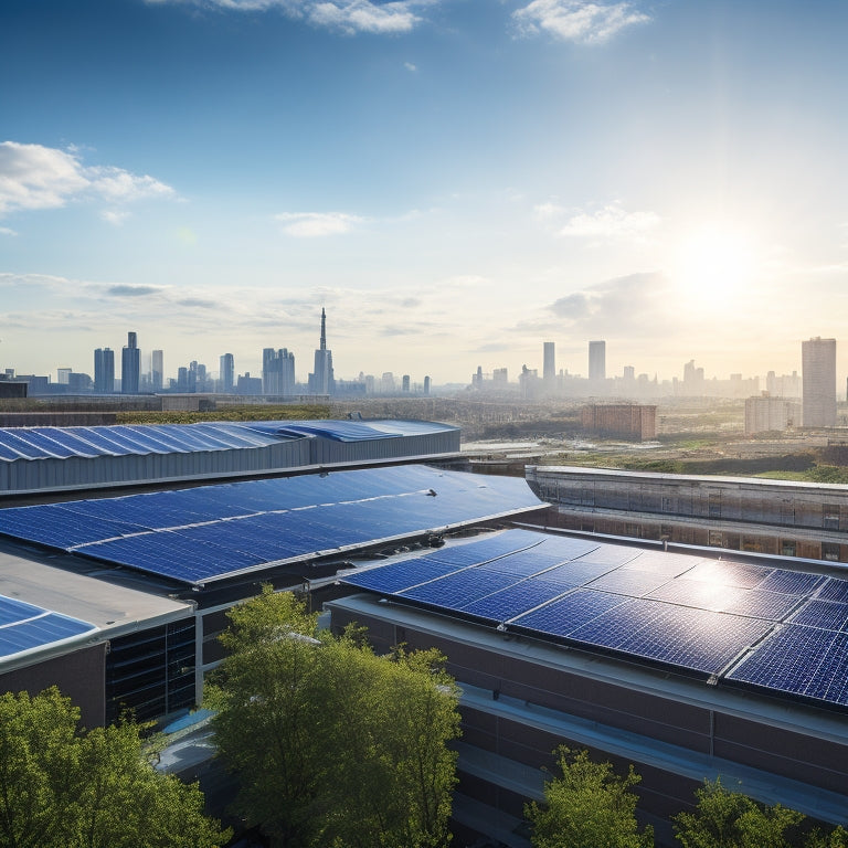 A serene industrial rooftop with sleek, silver solar panels angled towards a bright blue sky, surrounded by cityscape buildings and lush greenery, with a subtle sunbeam highlighting the panels.