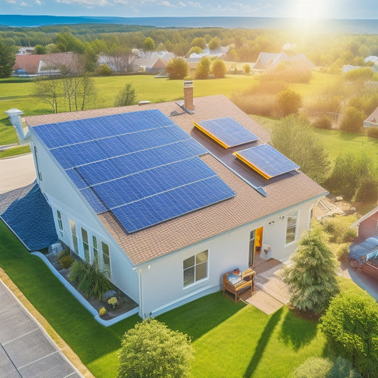 Aerial view of a residential house with a partially installed solar panel array on the roof, surrounded by roofing materials, tools, and a ladder, set against a clear blue sky with a few fluffy white clouds.