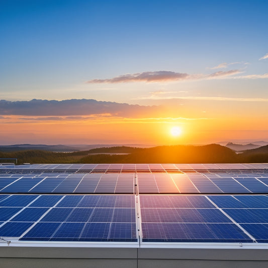 A vibrant solar panel array on a rooftop, showcasing various panels with different efficiency ratings visually represented through color gradients, alongside a sunlit landscape, highlighting energy flow and environmental impact.