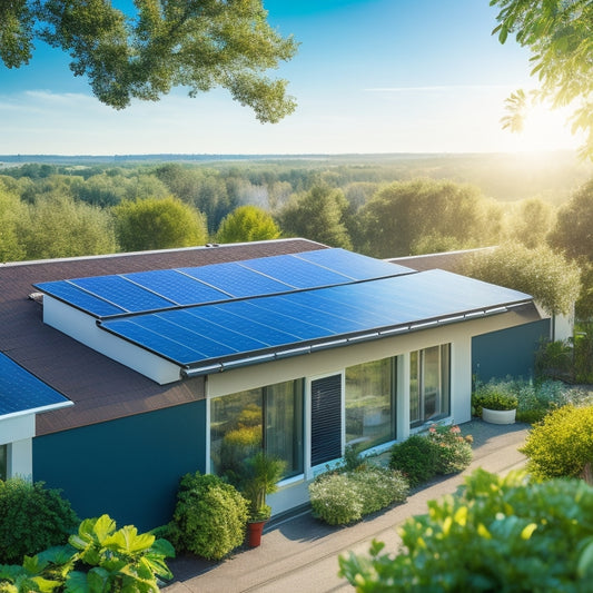 A sunlit rooftop adorned with sleek solar panels, surrounded by lush greenery, a vibrant garden, and a modern eco-friendly home, with a clear blue sky showcasing the promise of renewable energy and sustainability.