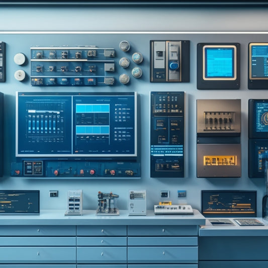 A futuristic, sleek, and minimalist illustration depicting a large, wall-mounted panel system with various gauges, meters, and screens displaying data, surrounded by scattered tools and gadgets.