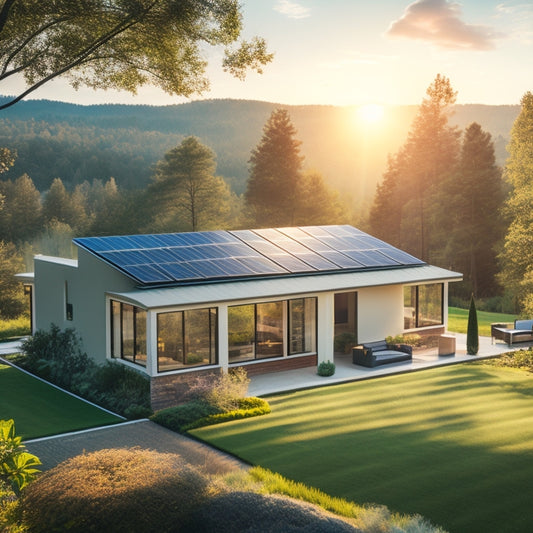A serene landscape with a modern home in the background, surrounded by lush greenery, featuring a sleek solar panel installation on its rooftop, with a few panels tilted at an angle, reflecting sunlight.