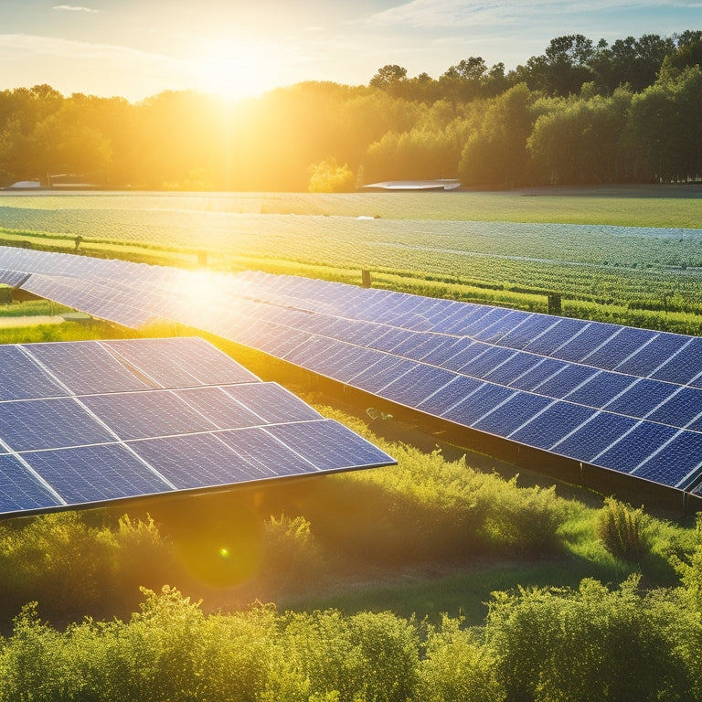 A vibrant solar panel farm glistening under a bright sun, surrounded by lush greenery, with diverse community members installing solar panels on rooftops, symbolizing collaboration and sustainability in a thriving urban environment.