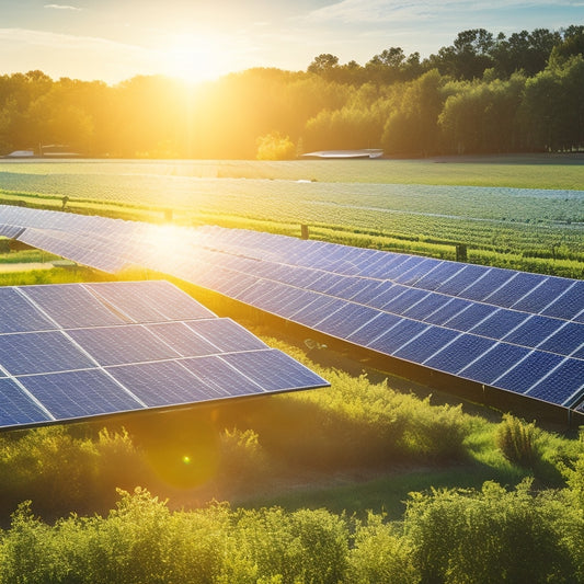 A vibrant solar panel farm glistening under a bright sun, surrounded by lush greenery, with diverse community members installing solar panels on rooftops, symbolizing collaboration and sustainability in a thriving urban environment.