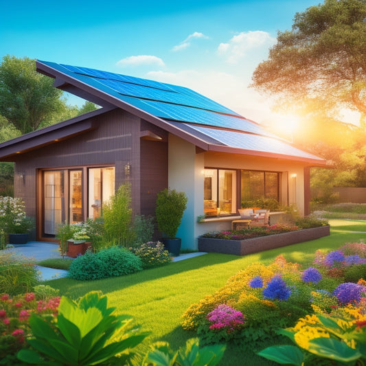 A sunlit eco-friendly home with sleek solar panels on the roof, surrounded by lush greenery, blooming flowers, and a vibrant blue sky, showcasing harmony between technology and nature.
