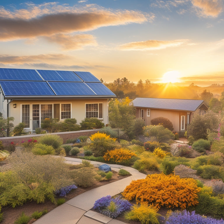 A vibrant residential landscape showcasing solar panels on rooftops, a small wind turbine in the yard, lush gardens with native plants, and a rainwater collection system, all bathed in warm, golden sunlight.