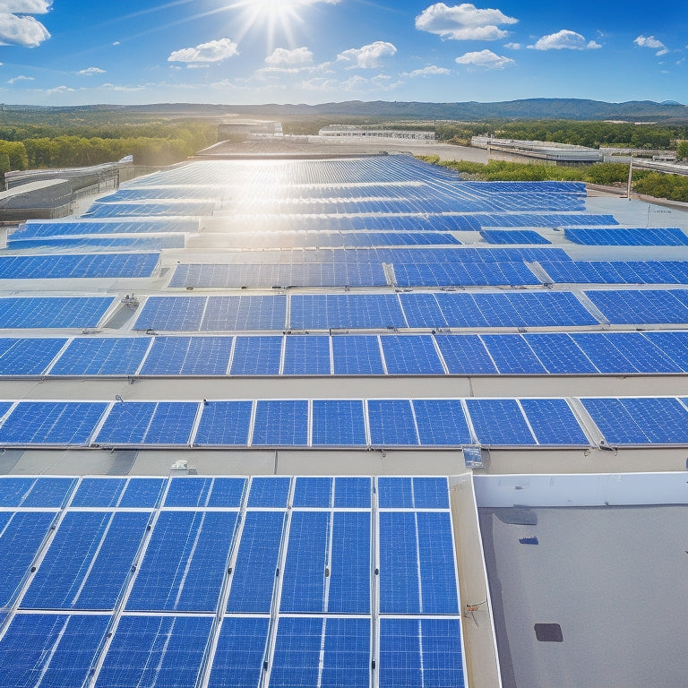 An aerial view of a commercial rooftop with various solar panel arrays, each with different panel types, angles, and installations, set against a sunny blue sky with fluffy white clouds.