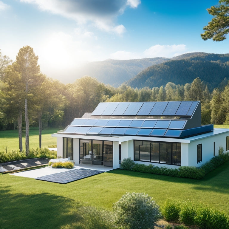 A serene landscape with a modern home featuring a sleek, black solar panel array on the roof, surrounded by lush greenery and a bright blue sky with a few puffy white clouds.