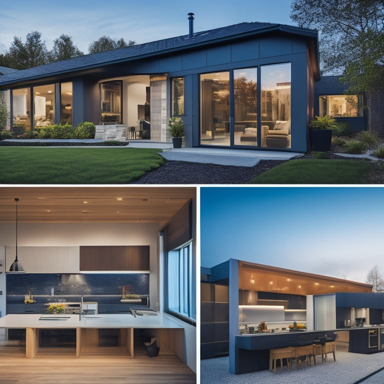 A modern home with sleek solar panels on the roof, digital energy management dashboard on the wall, smart appliances in a cozy kitchen, and energy-efficient lighting casting a warm glow throughout the living space.