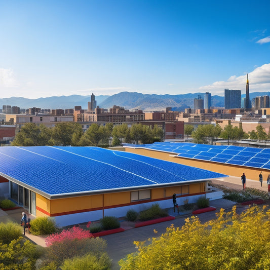 A vibrant urban landscape showcasing a rooftop solar array, diverse community members interacting, greenery integrated into buildings, and solar panels on the ground, all under a bright blue sky reflecting renewable energy collaboration.