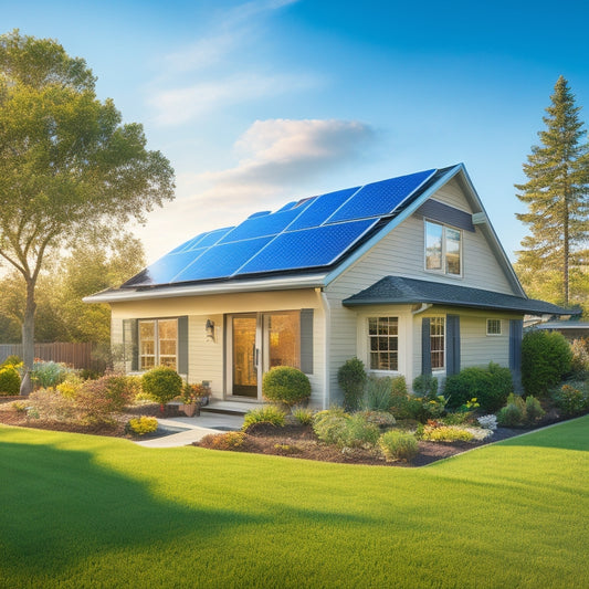 A sunlit suburban home featuring sleek solar panels on the roof, surrounded by lush green landscaping, with a clear blue sky above and an inviting garden in the foreground, showcasing sustainability and affordability.
