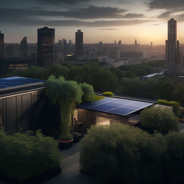 A serene rooftop with sleek, black solar panels installed amidst lush greenery, surrounded by a bustling cityscape with a faint blue glow, symbolizing a harmonious blend of nature and innovation.