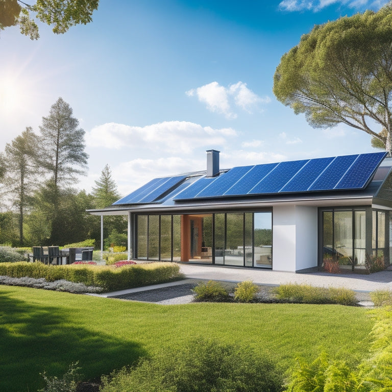 A sleek modern home with solar panels integrated into the roof, surrounded by lush greenery, showcasing solar window technologies, a solar water heater, and vibrant gardens, all under a bright blue sky with fluffy clouds.