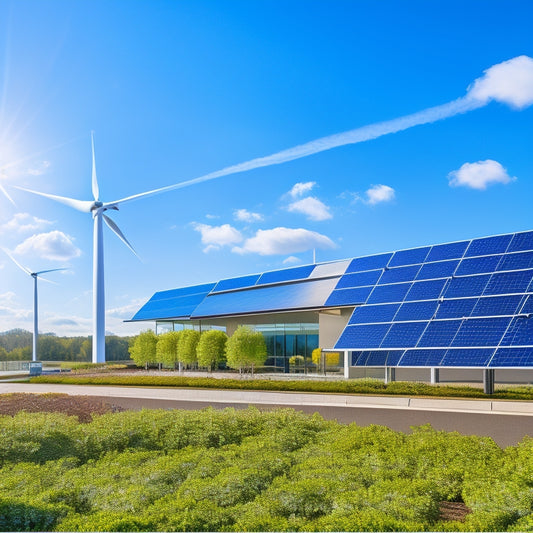 A vibrant scene of a modern business building with solar panels on the roof, wind turbines in the background, and green plants surrounding the entrance, under a clear blue sky, symbolizing renewable energy initiatives.