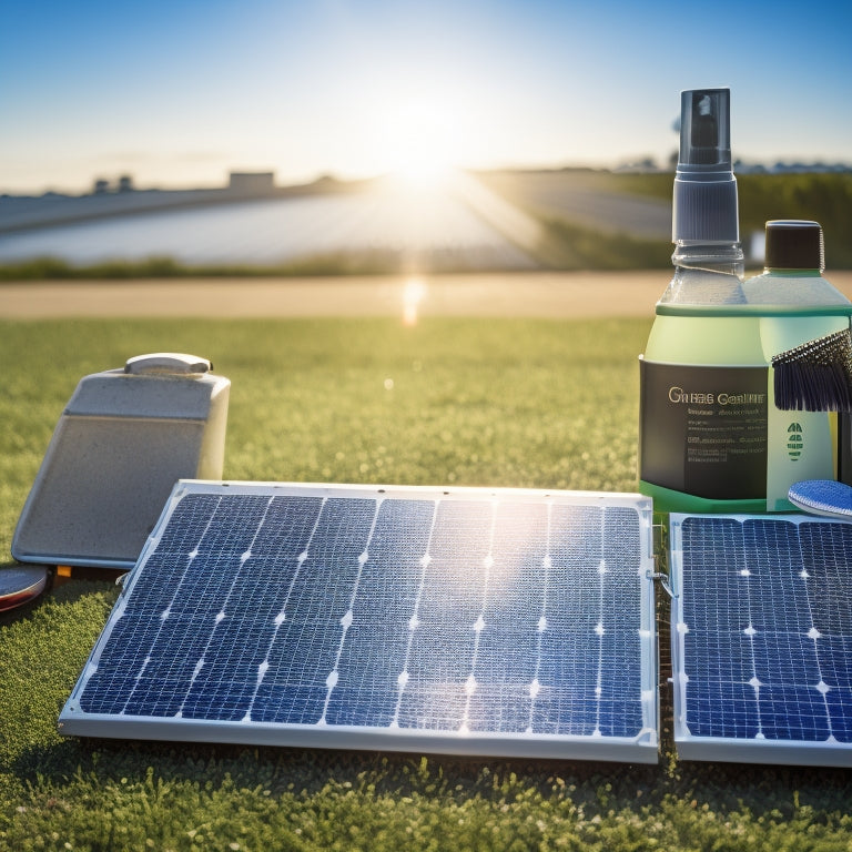 A close-up of a sparkling clean solar panel with a low-cost cleaning kit beside it, showcasing brushes, soap, and water spray, all glistening under a bright sunlit sky.