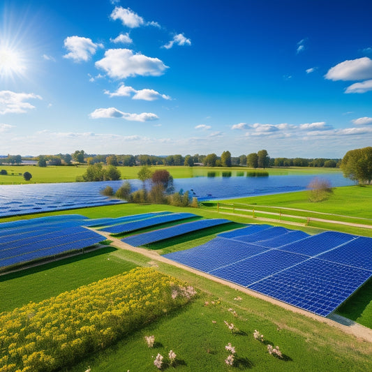 A vibrant community solar farm with rows of gleaming solar panels, surrounded by lush green fields and wildflowers. Local families gather nearby, children playing, while birds soar above under a bright blue sky.