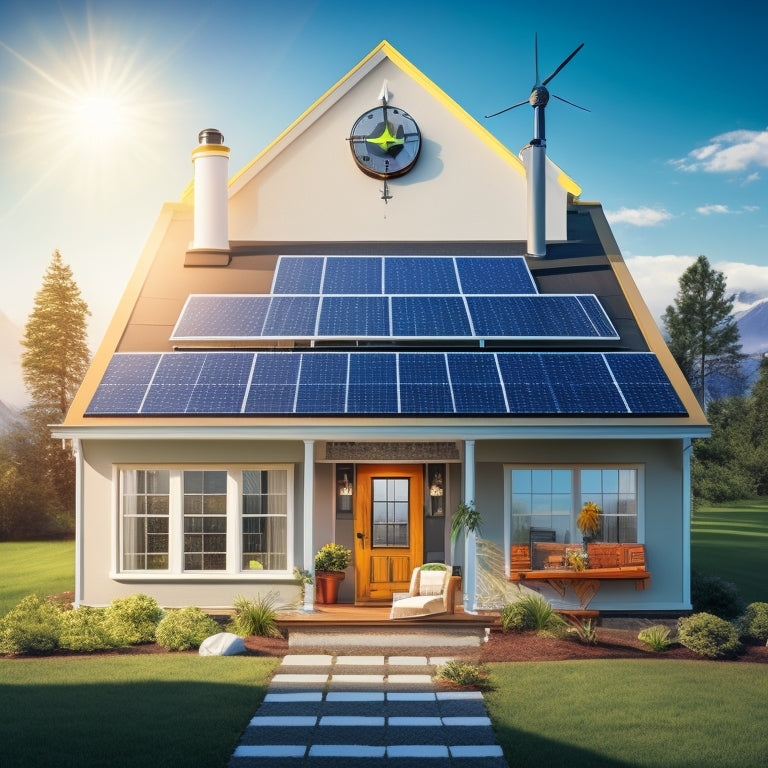 An illustration of a house with solar panels on its roof, surrounded by icons of various factors affecting price, such as a dollar sign, a thermometer, a compass, and a clock.