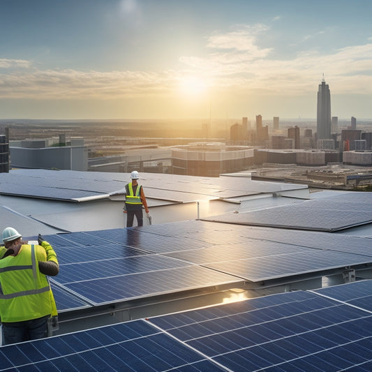 A photorealistic image of a modern commercial building's rooftop with three solar panels installed, with a subtle cityscape background, and a few workers in hard hats and vests inspecting the setup.