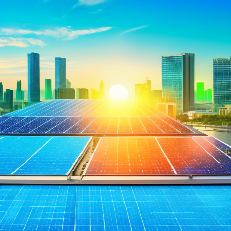 A stylized illustration of a solar panel with a subtle cityscape in the background, surrounded by minimalist icons of coins, charts, and graphs in shades of blue and green, conveying financial growth and sustainability.