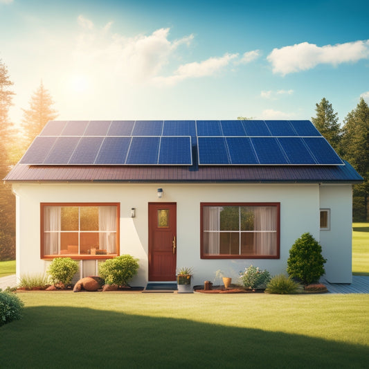 A illustration of a residential house with a solar panel array installed on the roof, connected to a sleek inverter and battery bank, with a subtle background of a sunny day with fluffy white clouds.