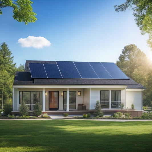 A serene suburban home with sleek, black solar panels installed on the roof, surrounded by lush green trees and a bright blue sky with a few puffy white clouds.