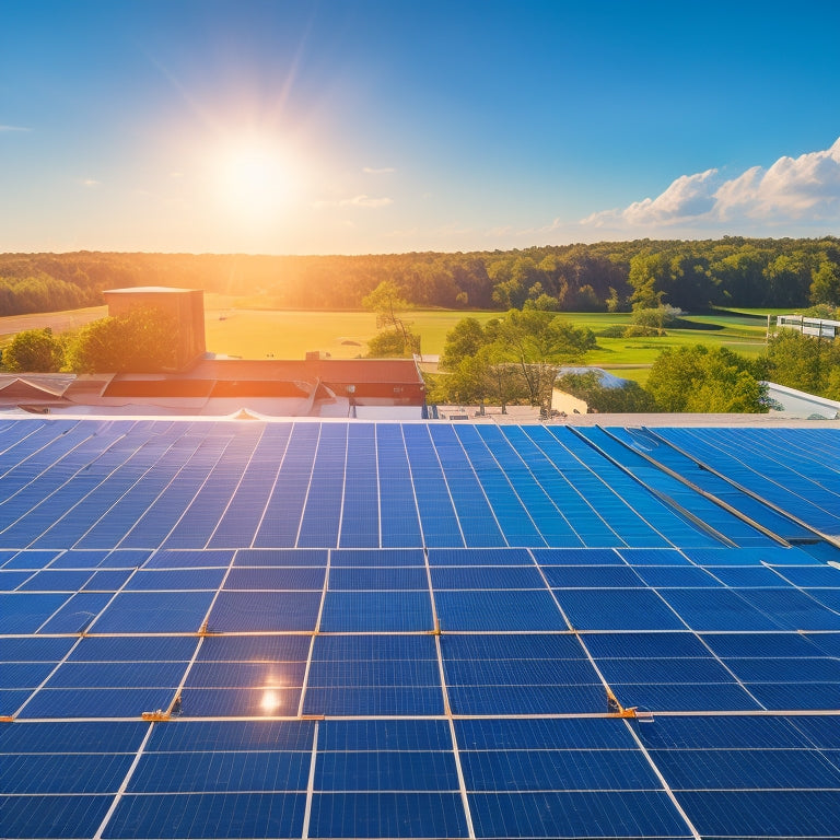 A serene, sun-lit factory rooftop with rows of sleek, black solar panels, surrounded by lush greenery, set against a bright blue sky with a few puffy white clouds.