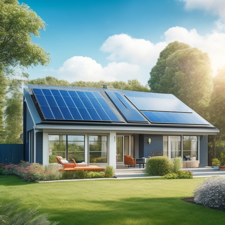 A serene suburban home with sleek, black solar panels installed on its roof, surrounded by lush greenery, with a few fluffy white clouds drifting lazily across a bright blue sky.