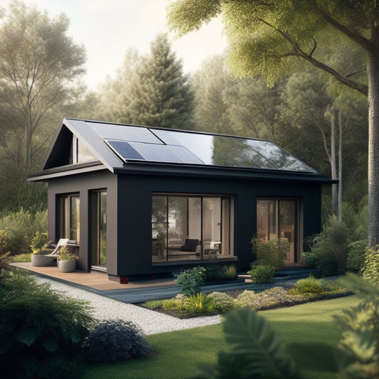 A serene, modern small home with a sloping roof, surrounded by lush greenery, featuring three to four sleek, black solar panels installed on the roof, with a few windows and a small garden.