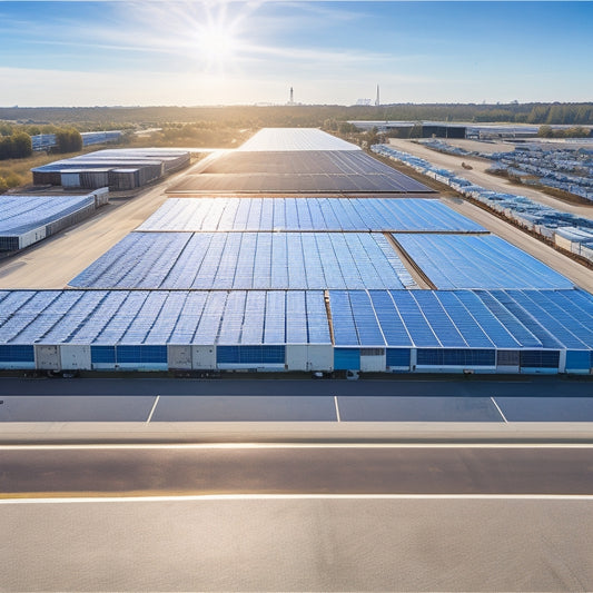 Aerial view of multiple large warehouses with rows of solar panels on rooftops, surrounded by trucks and cars, with a subtle cityscape in the background, under a clear blue sky.
