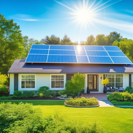 A sun-drenched suburban home with solar panels glistening on the roof, surrounded by green trees and a vibrant garden, showcasing energy efficiency, sustainability, and a clear blue sky in the background.