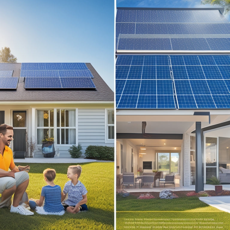 A split image showcasing two contrasting solar panel financing plans: one side features a modern home with a solar array and a happy family discussing finances, while the other side shows a calculator and bills surrounded by solar panels.