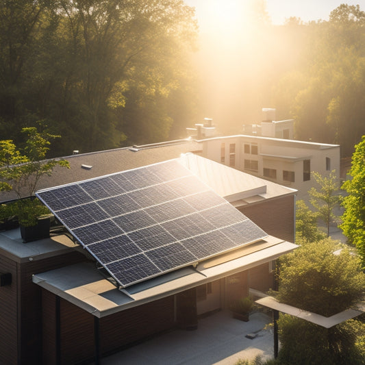 A sun-drenched rooftop adorned with solar panels, surrounded by green trees. In the foreground, a calculator, tax documents, and a bright sun shining above, symbolizing savings and renewable energy benefits.