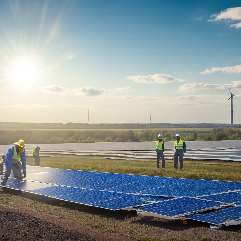 A serene, sun-drenched landscape with a vast, open field of industrial solar panels in the distance, with a few workers in yellow vests and hard hats installing panels in the foreground.