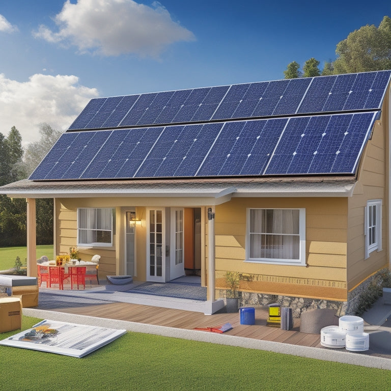 An illustration of a house with a solar panel array on the roof, surrounded by measuring tapes, calculators, and a clipboard with a partially filled-out worksheet featuring mathematical equations and symbols.