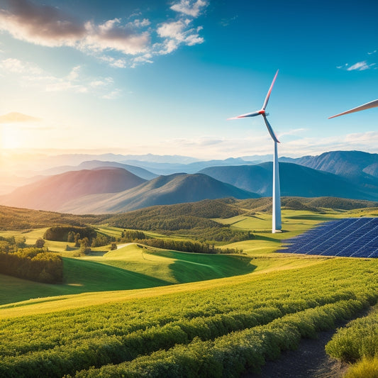 A vibrant landscape featuring solar panels glimmering under the sun, wind turbines gracefully turning on rolling hills, and lush greenery, with a clear blue sky and distant mountains symbolizing hope and sustainability in combating climate change.