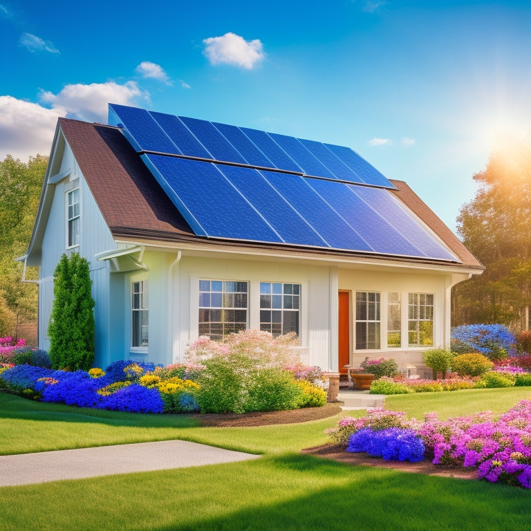 A serene suburban home with a mix of solar panels, solar shingles, and solar tiles on its roof, surrounded by blooming flowers and a bright blue sky with fluffy white clouds.